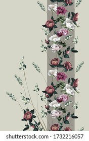 Mural pattern with peony flowers and grass, bright flowers, floral boarder, stripe with flower bouquet 