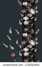 Mural pattern with peony flowers and grass, bright flowers, floral boarder, stripe with flower bouquet  on black background