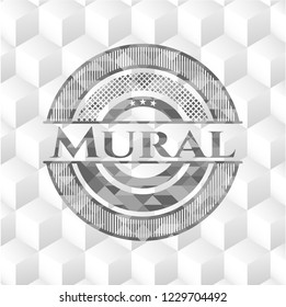Mural realistic grey emblem with geometric cube white background