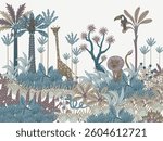 Mural with simple animals, trees and plants. Tropical jungle vector for kids