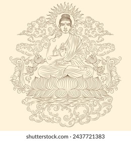 Mural style line drawing of Buddha. Sketch of sitting or meditating Buddha. Vector illustration of buddha isolated on cream background.