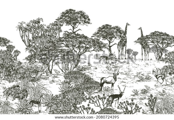 Mural Wallpaper Safari Panoramic View, African Landscape Seamless Border, Toile Exotic Wildlife Giraffe, Leopard, Antelopes, Zebra, Horizontal Tanzania National Park