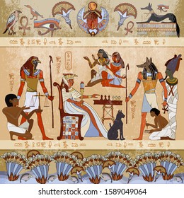 Murals ancient Egypt scene. Gods and pharaohs. Hieroglyphic carvings on the exterior walls 