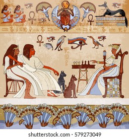 Murals ancient Egypt scene. Gods and pharaohs. Hieroglyphic carvings on the exterior walls of an ancient egyptian temple 