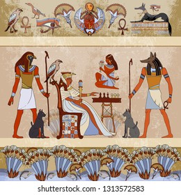 Murals ancient Egypt scene mythology. Egyptian gods and pharaohs. Hieroglyphic carvings on exterior walls 