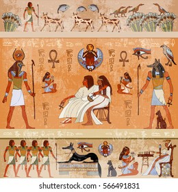 Murals ancient Egypt scene mythology. Egyptian gods and pharaohs. Hieroglyphic carvings on the exterior walls of an ancient temple 