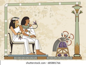 Murals with ancient egypt scene.Ancient egypt banner.Egyptian hieroglyph and symbol. 