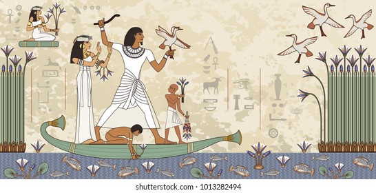 Murals with ancient egypt scene.Egyptian hieroglyph and symbol.
