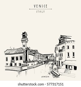 Murano Island In Venice, Italy, Europe. Hand Drawing Of A Canal, Tower, Houses, Boat. Vintage Artistic Book Illustration. Travel Sketch. Retro Style Touristic Postcard, Poster, Greeting Card In Vector