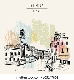 Murano island in Venice, Italy, Europe. Hand drawing of a canal, tower, houses, boat. Vintage artistic book illustration. Travel sketch. Retro style touristic postcard, poster, greeting card in vector