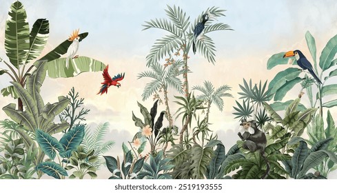 Muravie Wild Life Animals Tropical Forest Wallpaper, Forest With Animals Wall Poster - sample, Self Adhesive Wallpaper