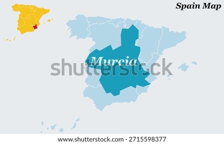 Murcia Autonomous Community Spain Map with Flag - Southeastern Mediterranean Region, Cartagena Port and Segura River Vector Outline