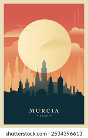 Murcia Stadt Brutalismus Poster mit abstrakter Skyline, Stadtlandschaft Retro-Vektorgrafik. Spanien Reiseführer Abdeckung, Broschüre, Flyer, Broschüre, Business-Präsentation Vorlage Bild