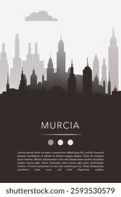 Murcia city template for website, presentation, front page, invitation, publication sheet with skyline, landmarks. Vector Spain image layout, simple and grayscale