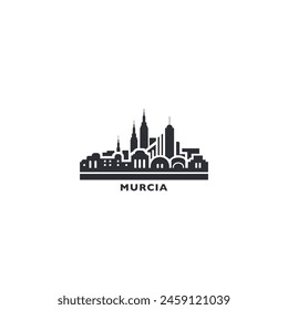 Murcia Stadtbild Skyline Stadt Panorama Vektorgrafik flach modernes Logo-Ikone. Spanien, regionale Stadtsymbolidee mit Wahrzeichen und Bausilhouetten. Isolierte dünne Linie, schwarze Grafik