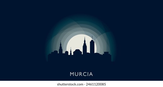 Murcia cityscape skyline city panorama vector flat modern banner illustration. Spain town emblem idea with landmarks and building silhouettes at sunrise sunset night