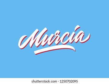 Murcia hand made calligraphic lettering in original style. European city typographic script font for prints, advertising, identity. Hand drawn touristic art in high quality. Travel and adventure