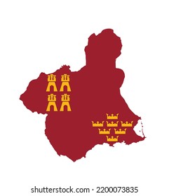 Murcia Karte Fahne Vektorgrafik Silhouette Illustration einzeln auf weißem Hintergrund. Hoch detailliert. Spanien Provinz, Teil der autonomen Gemeinschaft Region. Murcia Fahne. Land in Europa, EU-Mitglied.