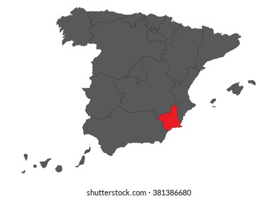Murcia red map on gray Spain map vector