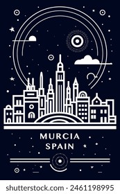 Murcia, Spain city creative poster with abstract thin line cityscape and skyline. Chalkboard style vector black and white illustration, vertical graphic