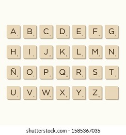 Murcia, Spain. December, 11-2019: Alphabet in scrabble letters. Isolate vector illustration to compose your own words and phrases.