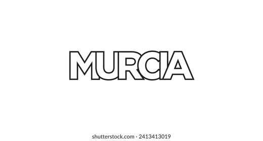 Murcia in Spanien Emblem für Druck und Web. Das Design zeichnet sich durch geometrischen Stil, Vektorgrafik mit gewagter Typografie in moderner Schrift aus. Grafische Slogan-Schrift einzeln auf weißem Hintergrund.