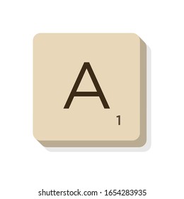 MURCIA, SPAIN. February, 24-2020: Letter A In Scrabble Alphabet. Isolate Vector Illustration To Compose Your Own Words And Phrases.