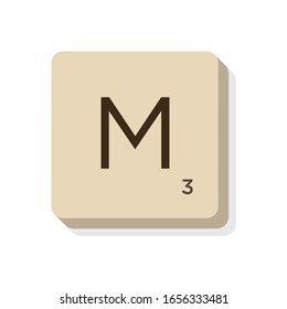 MURCIA, SPAIN. February, 24-2020: Letter M In Scrabble Alphabet. Isolate Vector Illustration To Compose Your Own Words And Phrases.