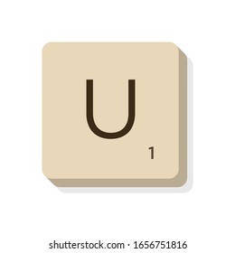 MURCIA, SPAIN. February, 24-2020: Letter U In Scrabble Alphabet. Isolate Vector Illustration To Compose Your Own Words And Phrases.