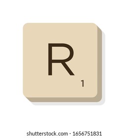 MURCIA, SPAIN. February, 24-2020: Letter R In Scrabble Alphabet. Isolate Vector Illustration To Compose Your Own Words And Phrases.