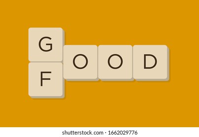 Murcia, Spain. February 28th, 2020: Good Food Wordplay In Scrabble Letters. Isolate Vector Illustration.