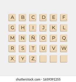 Murcia, Spain - February 29, 2020: Complete Alphabet Uppercase In Scrabble Letters. Isolate Vector Illustration Ready To Compose Words And Phrases	