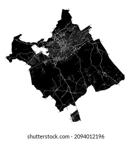 Murcia, Spain, high resolution vector map with city boundaries, and editable paths. The city map was drawn with white areas and lines for main roads, side roads and watercourses on a black background.