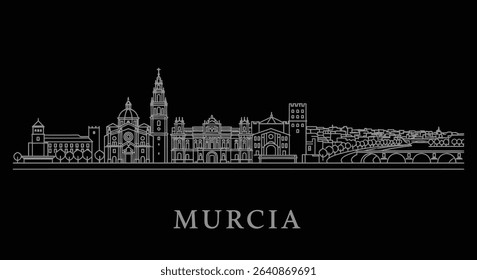 Murcia Spain Skyline with White Line, and Black Background.
