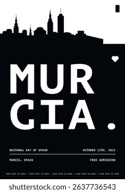 Murcia typography minimalist vector poster for national event, public holiday, independence day, summer festival layout. Brochure, leaflet, flyer, presentation image template for Spain
