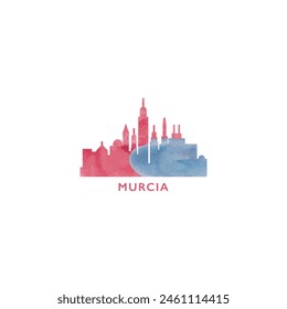 Murcia Aquarell Stadtbild Skyline Stadt Panorama Vektorgrafik flach modernes Logo, Ikone. Spanien Stadt-Emblem-Konzept mit Wahrzeichen und Bausilhouetten. Isolierte farbige Grafik