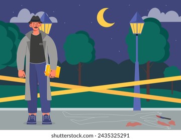 Murder detective concept. Man in grey raincoat look at bloody knife near chalk outline of body. Officer and detective investigate crime scene at perimeter. Cartoon flat vector illustration