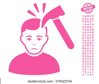 Murder With Hammer icon with bonus human pictograms. Vector illustration style is flat iconic pink symbols on white background.