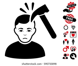 Murder With Hammer icon with bonus love design elements. Vector illustration style is flat iconic intensive red and black symbols on white background.
