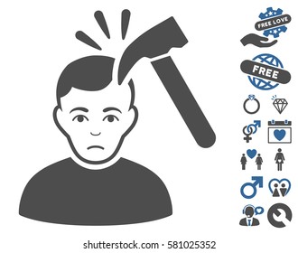 Murder With Hammer icon with bonus valentine graphic icons. Vector illustration style is flat iconic cobalt and gray symbols on white background.
