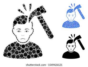 Murder with hammer mosaic of round dots in various sizes and color hues, based on murder with hammer icon. Vector round dots are grouped into blue illustration.