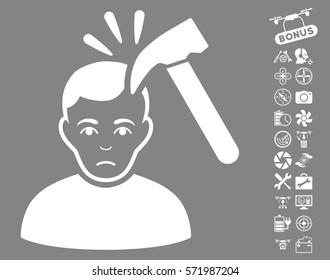 Murder With Hammer pictograph with bonus flying drone tools pictograms. Vector illustration style is flat iconic white symbols on gray background.