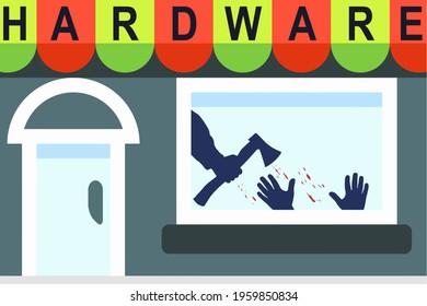 murder in the hardware store with silhouette of arm killer with axe and hands of murdered person and with blood stains on the window,concept vector illustration