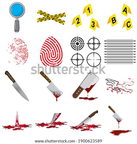 Murder icon set. Crime symbol collection. Contains murderer investigation and bloody knife elements. Forensic illustrations isolated on white background. 