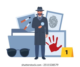 Composición de iconos de investigación de asesinato. Detective privado con sombrero gris y abrigo. Herramientas de investigación. Símbolos del crimen. Criminología Policía Vector de Investigación de Delitos