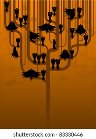A murder of scary crows perch in a strange tree