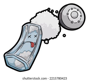 Murder scene of a dead salt shaker, with its content spilled around it and without its silver closure.