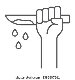 Murder thin line icon, crime and attack, hand and knife sign, vector graphics, a linear pattern on a white background, eps 10.