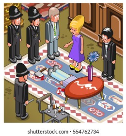 Murder victim lying under table in living room together with policemen, butler and screaming woman (isometric cartoon)
