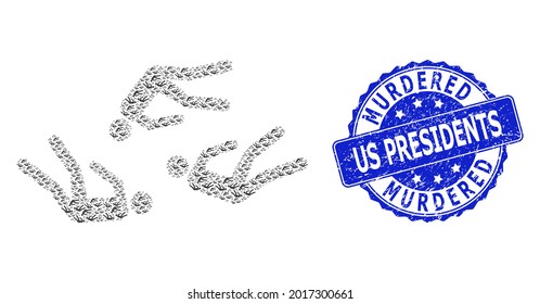 Murdered Us Presidents grunge round seal imitation and vector recursion mosaic dead people. Blue stamp seal has Murdered Us Presidents text inside round shape.